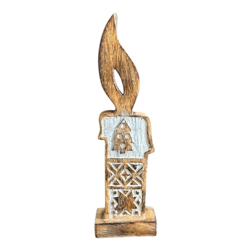 Hand Carved Rustic Candle With Flame Figurine With Christmas Motif